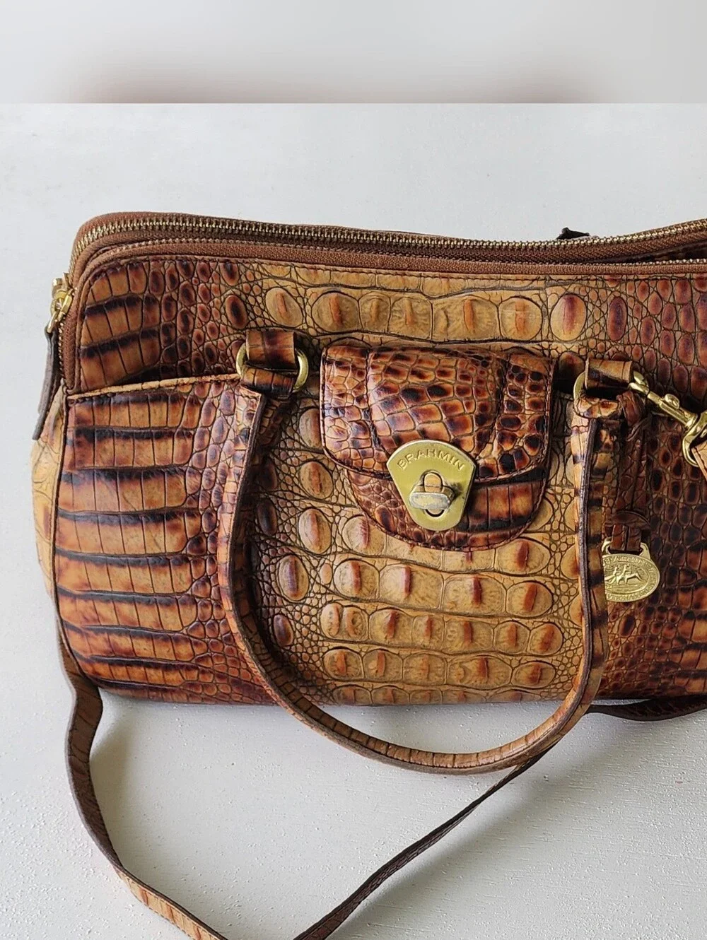 Brahmin Tan and Brown Crocodile-Embossed Satchel